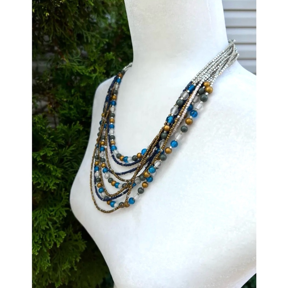 Vintage Egypt-Inspired Statement Necklace | Layered Turquoise Navy Gold Beads - Picture 11 of 12